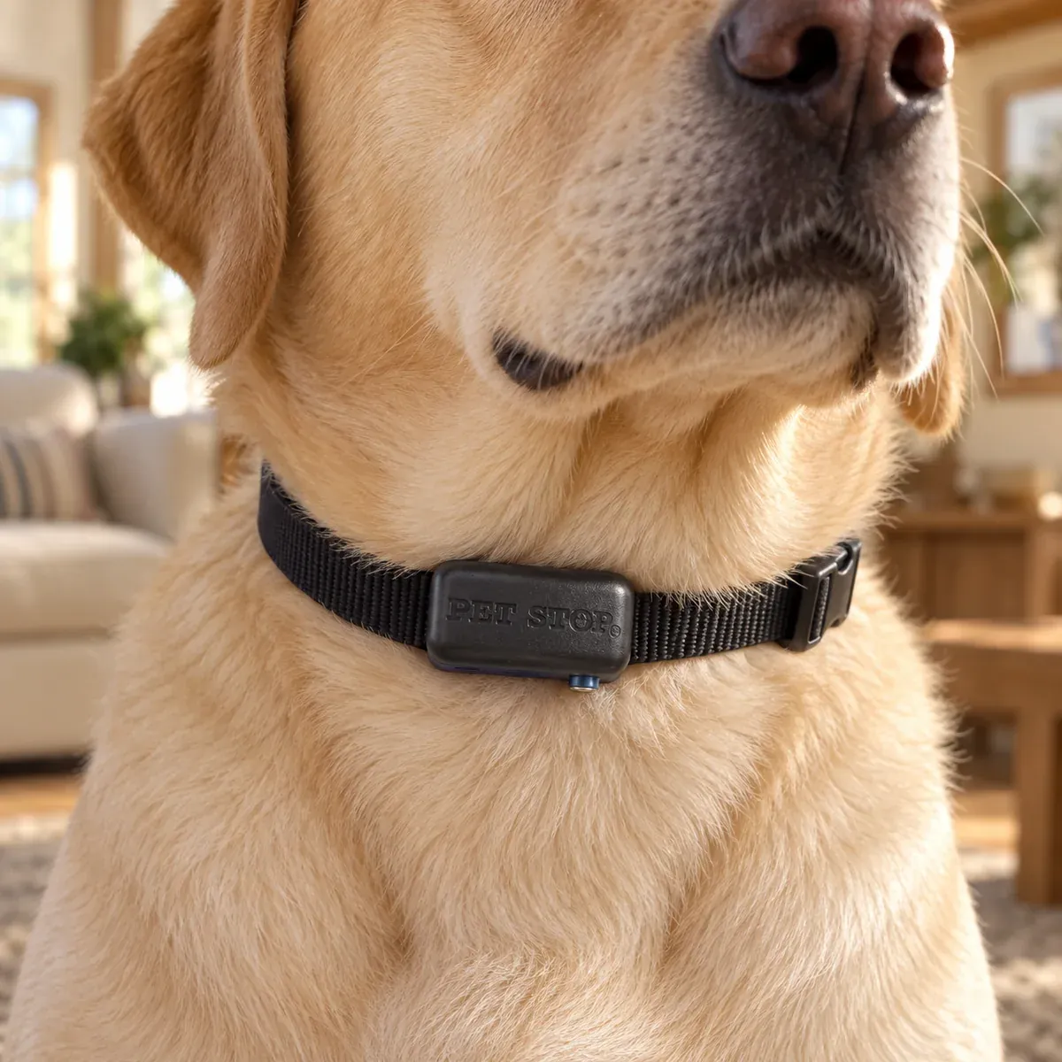 Close-up of a Labrador wearing the lightweight EcoLite receiver collar