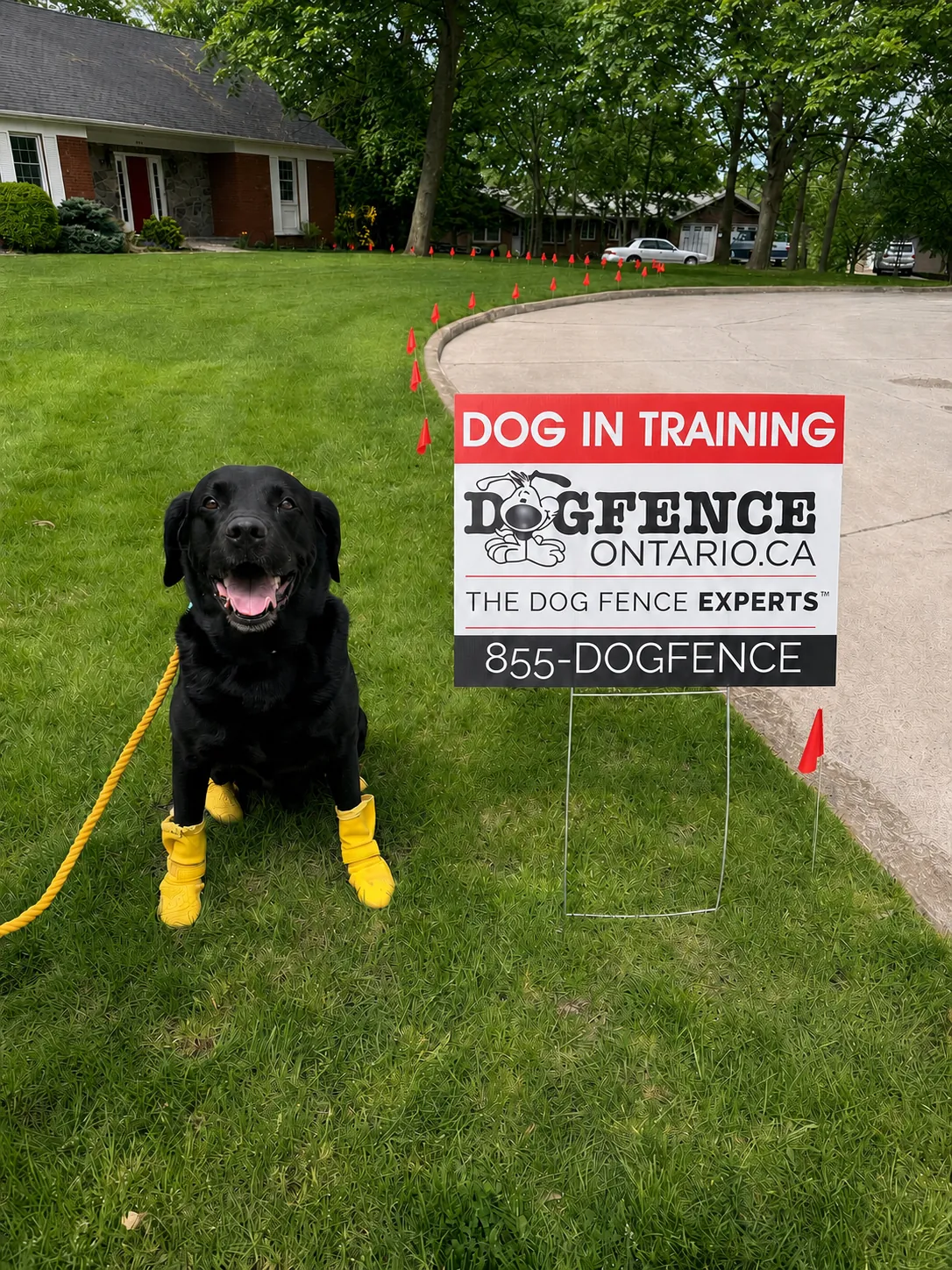 Black Lab sitting on a front lawn beside a Dog in Training yard sign, with flags along the driveway