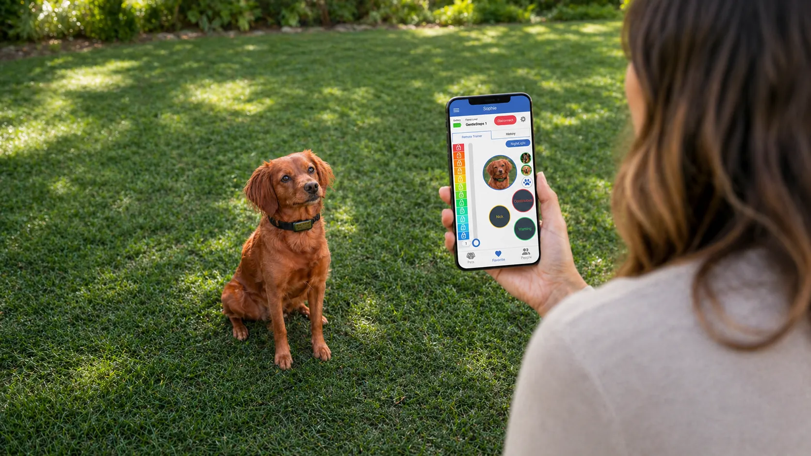 A woman holding a phone showing the LINK app while her dog sits on the lawn